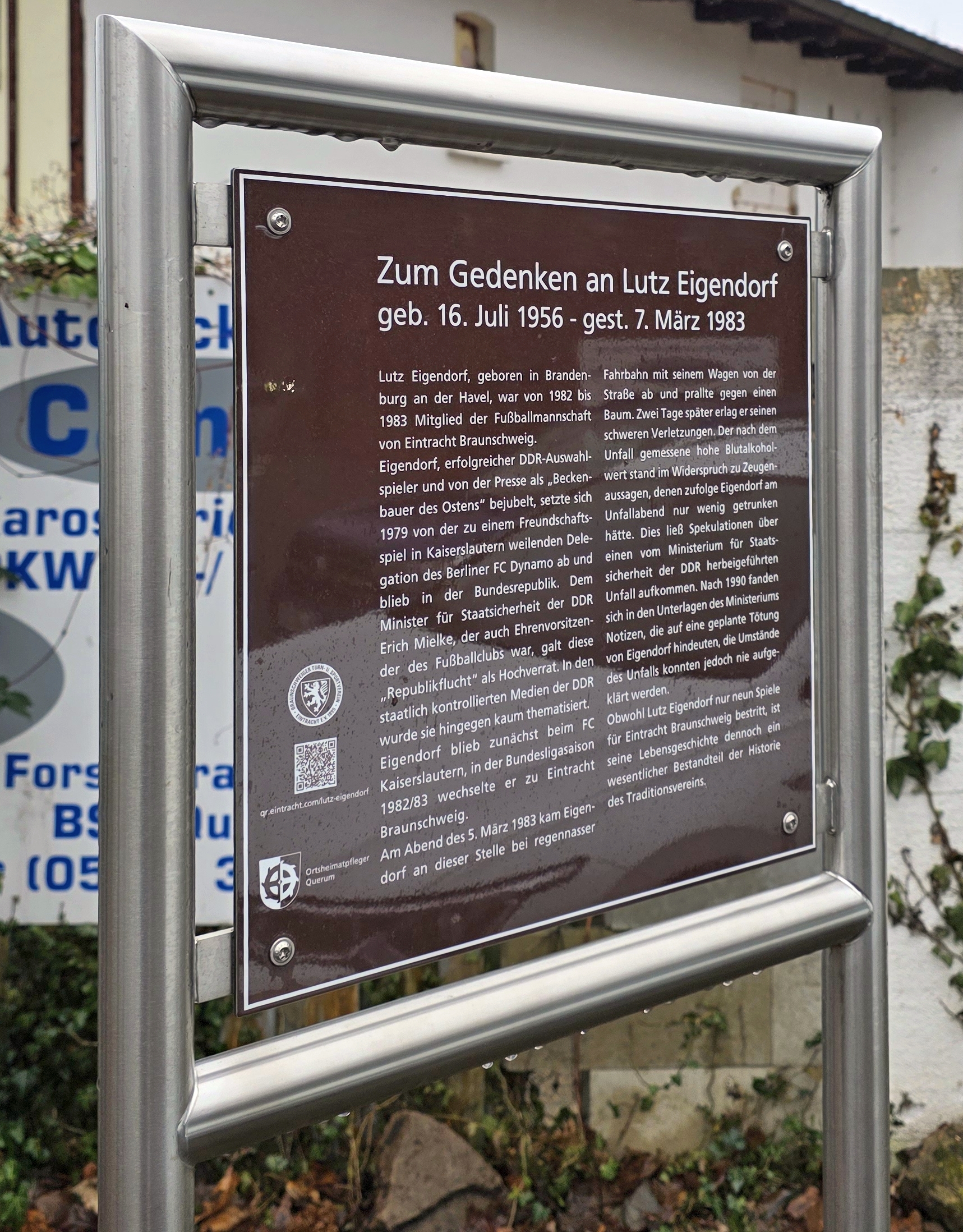 Gedenktafel an der Unfallstelle von Lutz Eigendorf