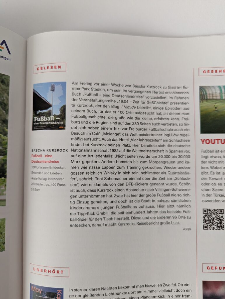 Rezension aus "Heimspiel", dem Magazin des SC Freiburg, über "Fußball - eine Deutschlandreise"